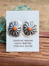 Load image into Gallery viewer, Navajo Hand Stamped Sterling Silver & Orange Spiny Concho Post Earrings