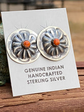 Load image into Gallery viewer, Navajo Hand Stamped Sterling Silver & Orange Spiny Concho Post Earrings