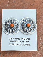 Load image into Gallery viewer, Navajo Hand Stamped Sterling Silver & Orange Spiny Concho Post Earrings