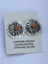 Load image into Gallery viewer, Navajo Hand Stamped Sterling Silver & Orange Spiny Concho Post Earrings
