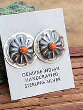 Load image into Gallery viewer, Navajo Hand Stamped Sterling Silver & Orange Spiny Concho Post Earrings