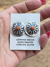 Load image into Gallery viewer, Navajo Hand Stamped Sterling Silver & Orange Spiny Concho Post Earrings